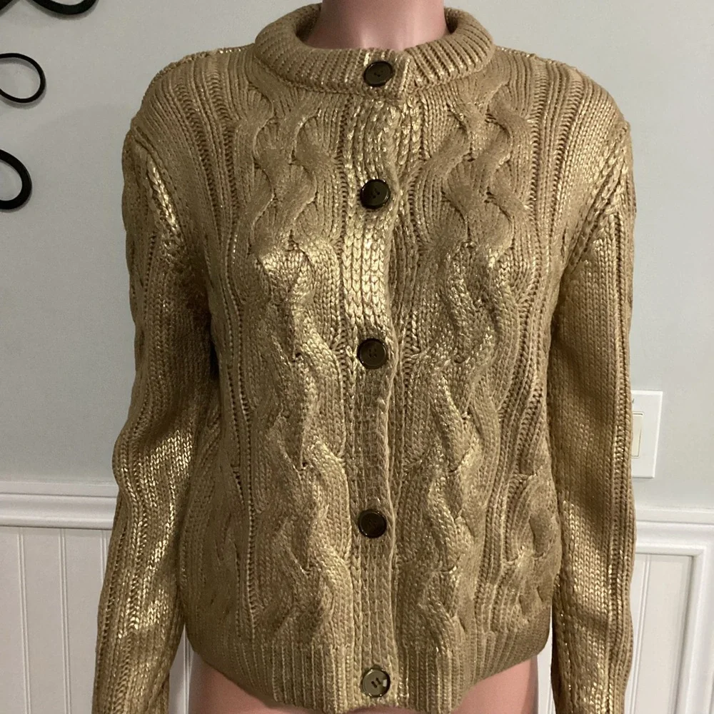 Zara NWOT Foil Cable Knit Sweater Cardigan Metallic Gold Button Up Size Large - Picture 10 of 10